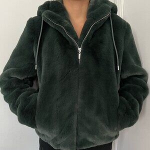 Rachel Zoe Faux Fur Bomber Jacket with Hood – Forest Green | Size XS